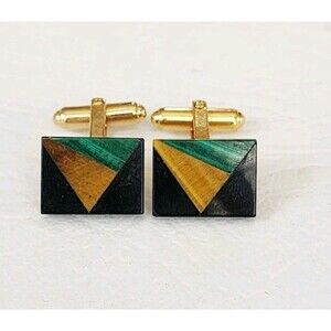 HAYWARD VINTAGE GOLD TONE NATURAL MALACHITE ONYX INLAY MODERNIST CUFFLINKS